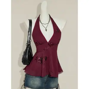 Women’s Spring/Summer New Fashion Elegant Deep V-Neck Sequin Rose Embroidery Waist Belt Ruffled Backless Vest GARMENTARY