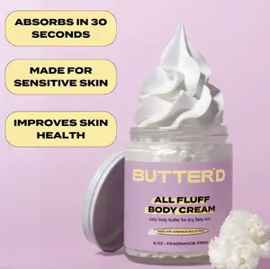 Butter'd Bodycare All Fluff Body Cream 4 oz - Unscented, Non-Greasy, Premium Mango Shea Butter for Dry & Sensitive Skin Care