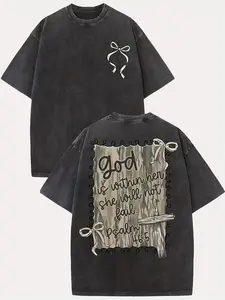 Men's Washed Cotton T-Shirt, Psalm 46:5 "God Is Within Her" Coquette Faith Vibe, Natural Camo Accents (Pair with Cargo Pants Suggestion),summerwins