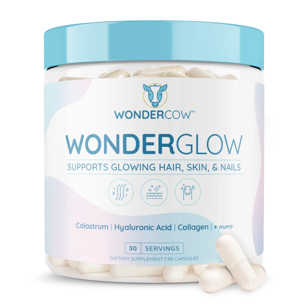 WonderCow, WonderGlow Bovine Colostrum Collagen Hyaluronic Acid Supplement for Glowing Skin, Hair Growth & Nail Strength, Biotin, Zinc & Lactoferrin, Beauty from Within 30 Servings