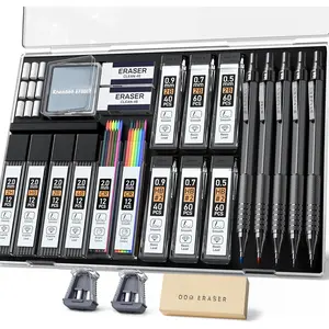 25 count Art Mechanical Pencil Set, 3 count Metal lead pencil 0.5, 0.7, 0.9, 2 count 2mm Drawing Pencil (HB 2H 2B 4B Color) with 392 count Graphite Leads, Eraser with Case for Drafting Drawing Writing