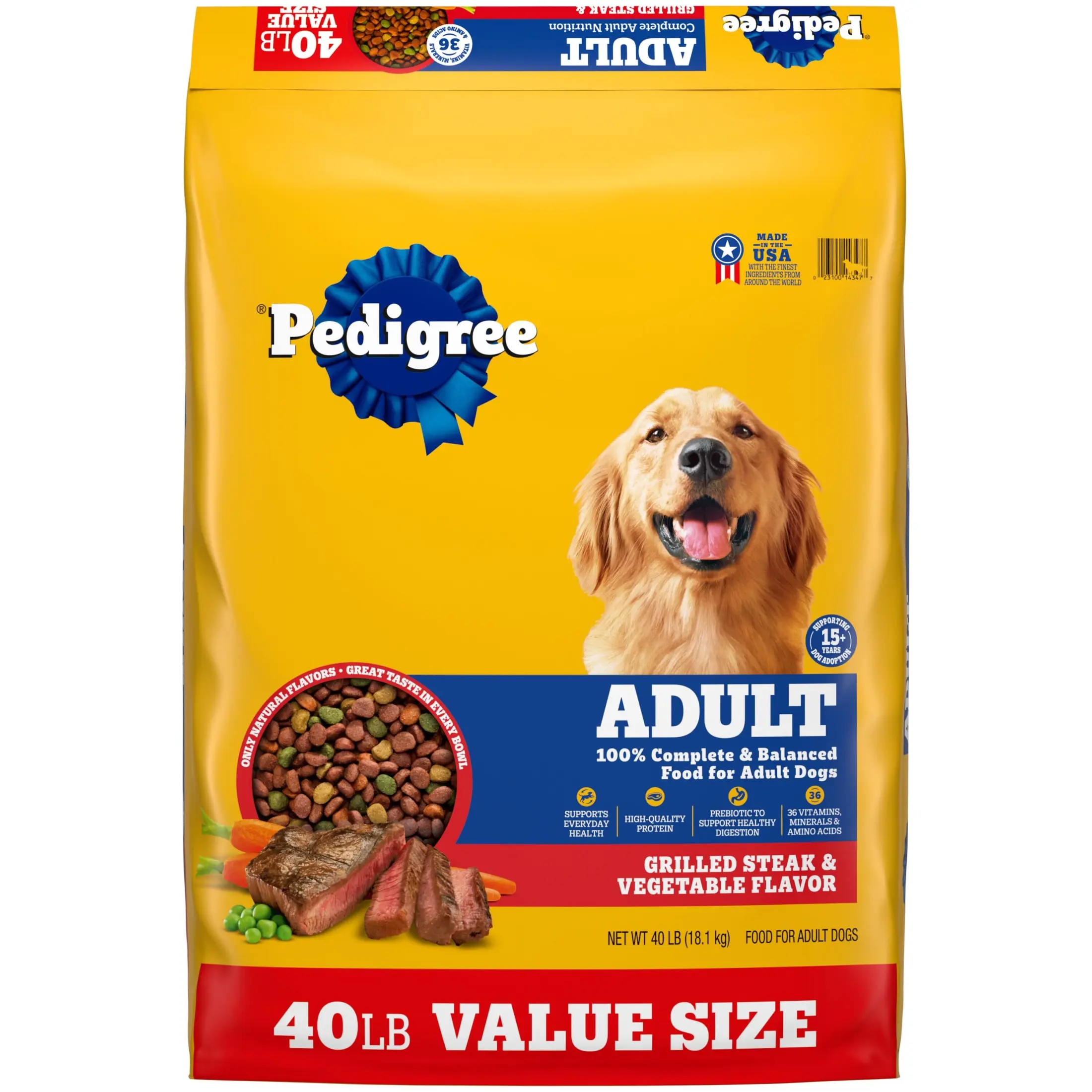 Pedigree 40 lb Bag Dry Dog Food For Animal Growth Complete Nutrition Adult Formula Steak & Vegetable Flavor