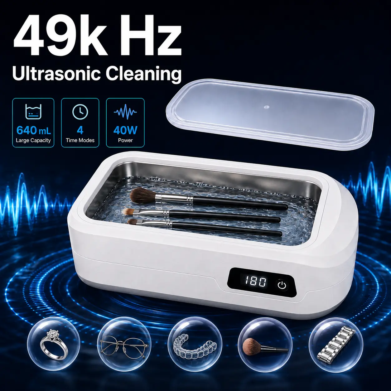 640ML Makeup Brush Cleaners - Ultrasonic Cleaning Machine with 49kHz Vibration, 4 Timer Modes, Stainless Steel Tank for Eyeglasses, Jewelry, Retainers, Cleansing, Cleaning Tools, Automatic, Deep Cleansing, Deep Cleanser sohochic