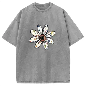 Holafish Oversize Acid Wash Vintage "Boho Daisy Flower" Graphic T-Shirt, Minimal Retro Botanical Floral Casual Graphic Tee, Heavyweight Cotton Streetwear Graphic Vintage Tees Unisex Crewneck Tshirt