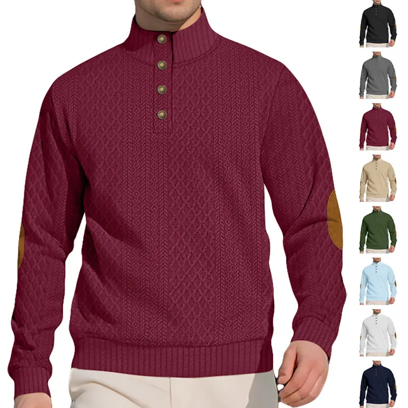 Menswear Men's American Vintage Long-Sleeve Sweater - 3D Diamond Cable Knit, Stand Collar, Half-Button Placket, Suede Elbow Patches, Thick Knit - Versatile Top for Autumn/Winter Hunting, Commuting