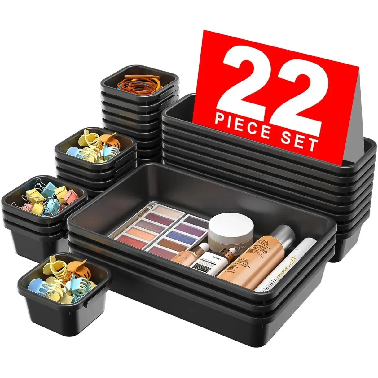 22 pcs Plastic Black Desk Drawer Organizer, Bathroom Organizers and Storage, Makeup Organizer, Organization and Storage Bin Container for Vanity Office Utensils Tool Pantry Cosmetic