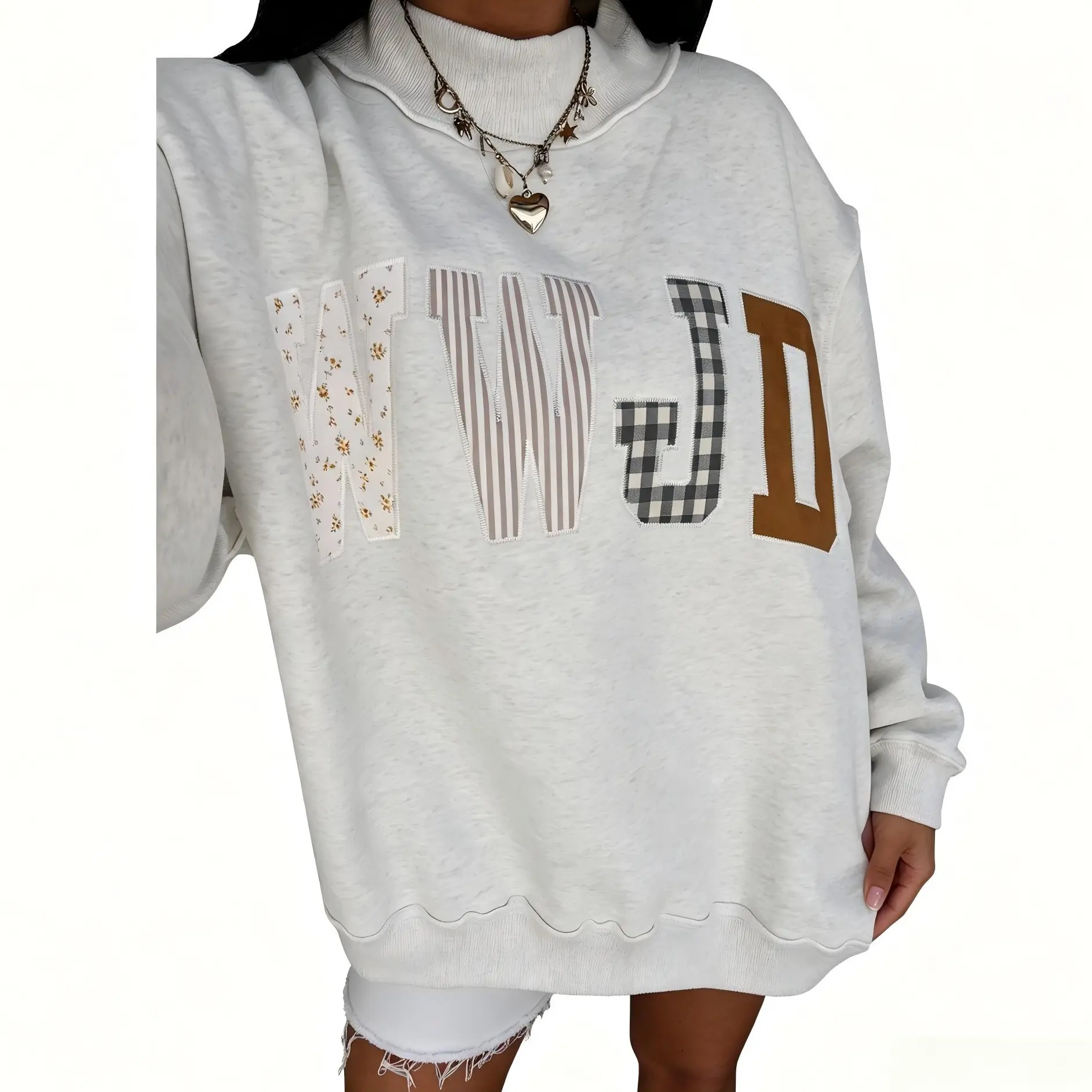 Mntaor Women's Cozy Gray Mock Neck Pullover Sweatshirt with WWJD Applique Design, Relaxed Fit for Fall Weather, Coffee Runs