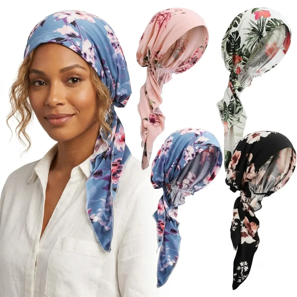 Women's 4-Pcs Polyester Pre-Tied Beanie Caps - Floral Design, Elastic Fit, Ruffle, Stretch Print, Hair Coverage Chemo Hats, Dust Protection Sleep Turbans (Home Care Supplies)