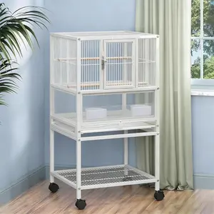 32" Clear Acrylic Bird Cage with Wheels, Modern Panoramic View Flight Cage for Parakeets Cockatiels Lovebirds & Parrots, White Mobile Bird Castle Kennel with Pull-Out Cleaning Tray, Spill-Proof Food Cups & Perches, Indoor Travel Pet House