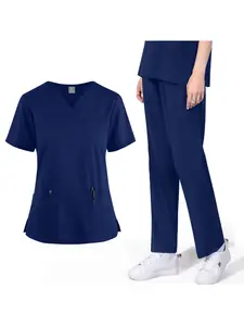 Practical Set for Men's Work Solid Color Stretch Short Sleeve Hand Washing Clothes Straight Leg Pants Two-piece Set Doctor Nurse Workwear