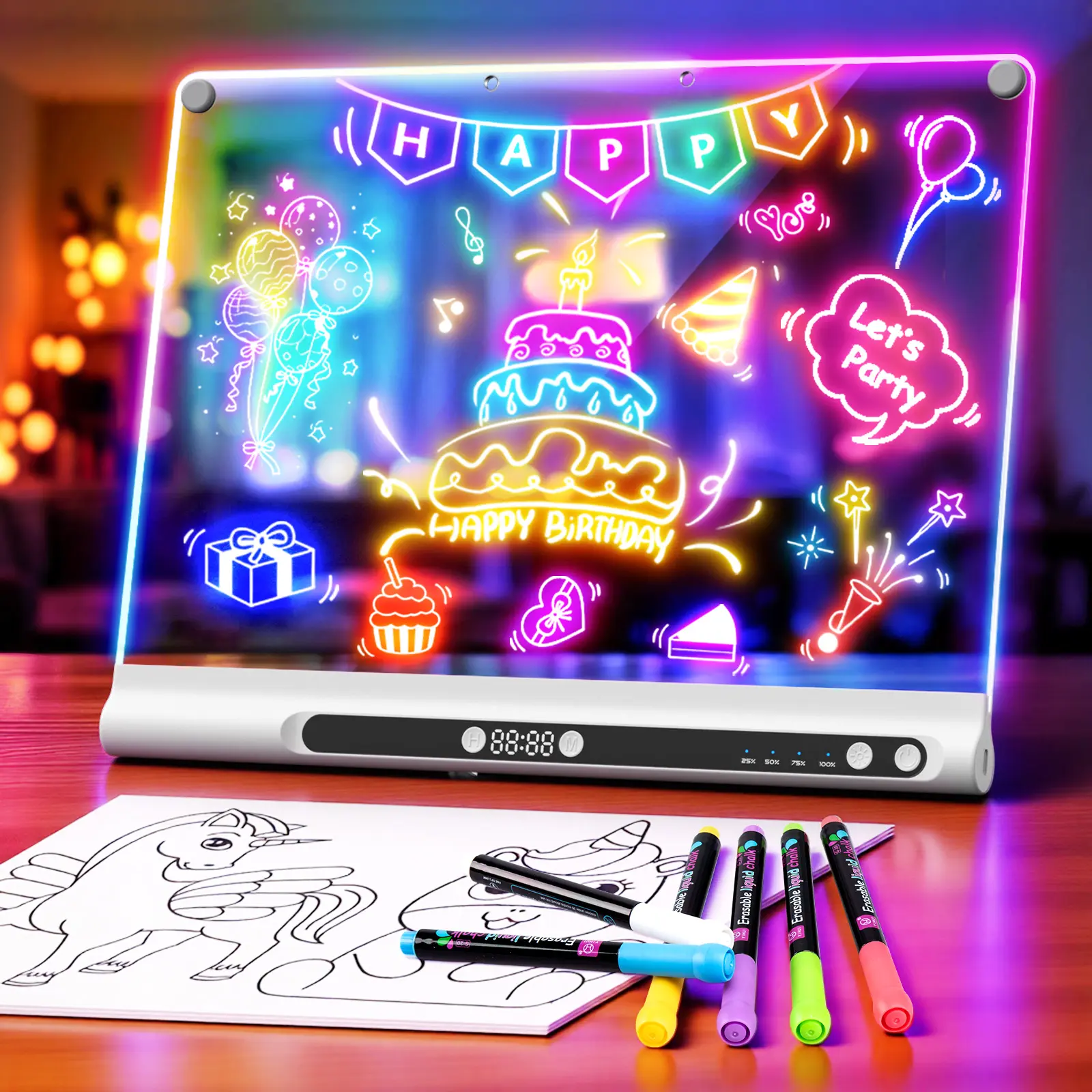 Geokay 16" Rechargeable LED Creative Drawing Surface, 9-Color Light Modes with Timer, Built-in Stand, Neon Glow Dry Erase Doodle Pad, Kids' Arts & Crafts Gift, 8 Markers & Tracing Book, Added Protection Against Scratches And Scuffs