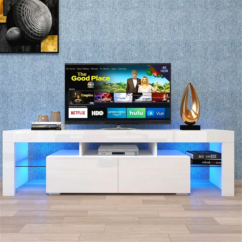 63" Floating TV Stand w 20-Color LED Lights for Living Room, w/Remote Control, Wood TV Stand Black Entertainment Center with Storage and Drawers, White Media Console Cabinet for 75 inch TV glass shelf