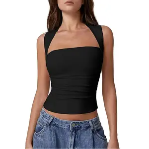 QINSEN Womens Square Neck Tank Tops Side Ruched Double Lined Slim Fit Summer Going Out Crop Top