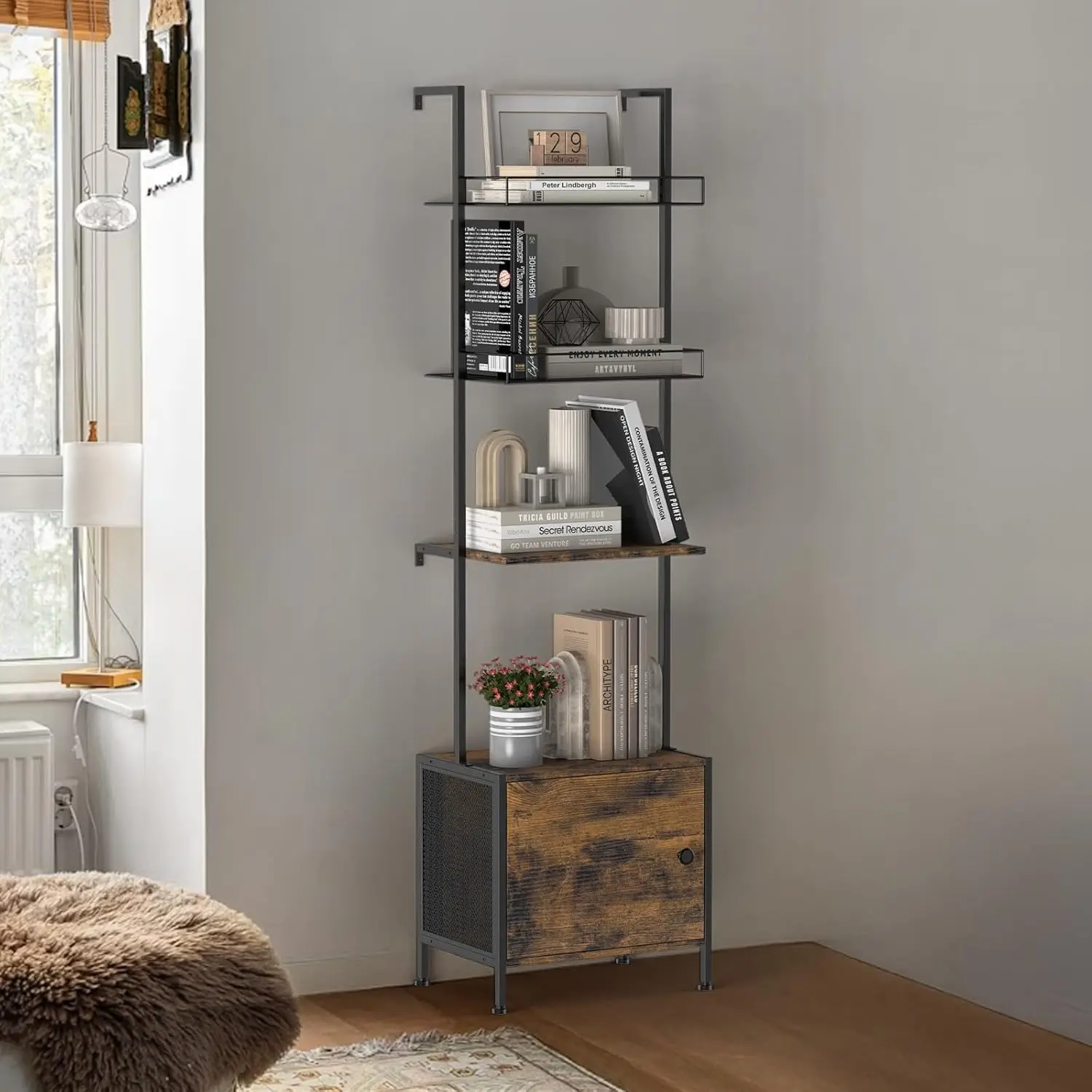 5-Tier Industrial Ladder Shelf, Brown Metal Frame Shelves with Storage Cabinet, Wall-Mounted Tall Display Unit for Small Space Living Room, Office, Five Tiers