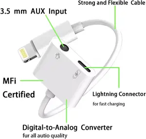 Lightning to 3.5mm Headphone Adapter for iPhone, 2 in 1 Headphone Audio Splitter, Adapter AUX Connector Charger Cable