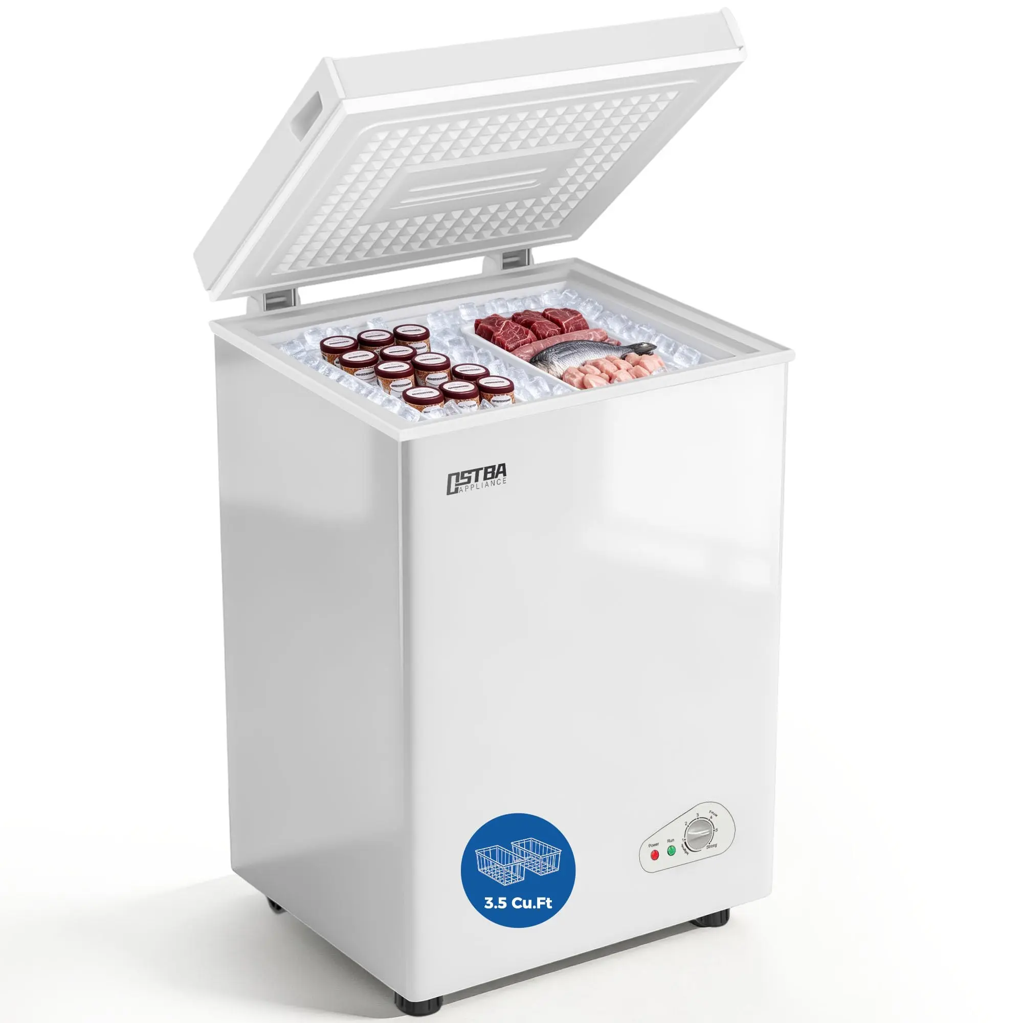 OSTBA Chest Freezer 3.5/5.3 Cu.Ft, Compact & Large Deep Freezer with 2 Removable Baskets, Wheels, 6-Level Temp Control & Fast Freeze, Energy Saving Quiet Freezer for Home, White
