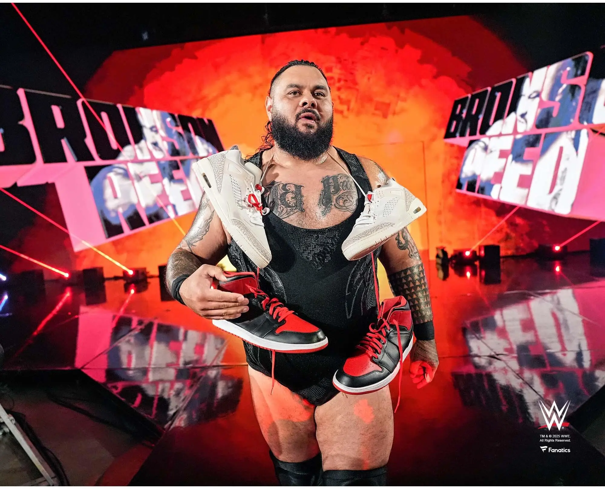 Bronson Reed WWE Unsigned Entrance Sneakers Around His Neck Photograph