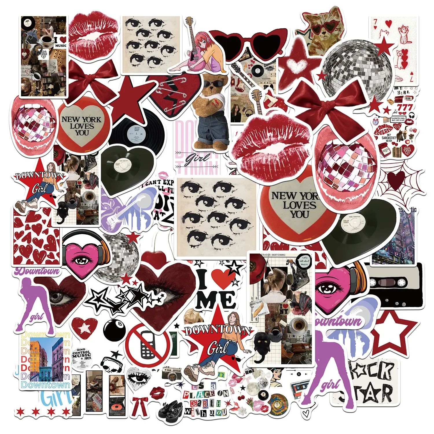50pcs Y2K Retro Rock Decorative Stickers Pack, Waterproof Coquette Red Heart & Disco Ball Decals for Laptop, Water Bottle, Luggage, Journal & Scrapbook, Scrapbook Accessories, Aesthetic Gift Sticker Packs, Sticker Sheets