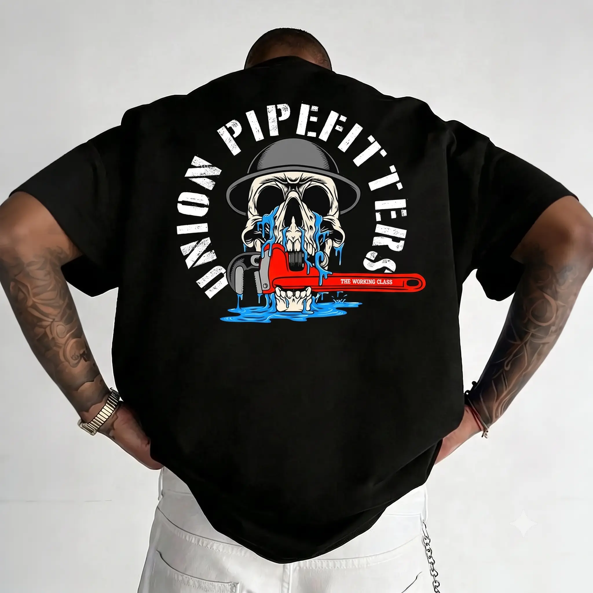 Men's Proud Union Pipefitter T-Shirt, Casual Shortsleeve Round Neck Graphic Tee for Blue Collar Plumbers & Construction Workwear, Badge