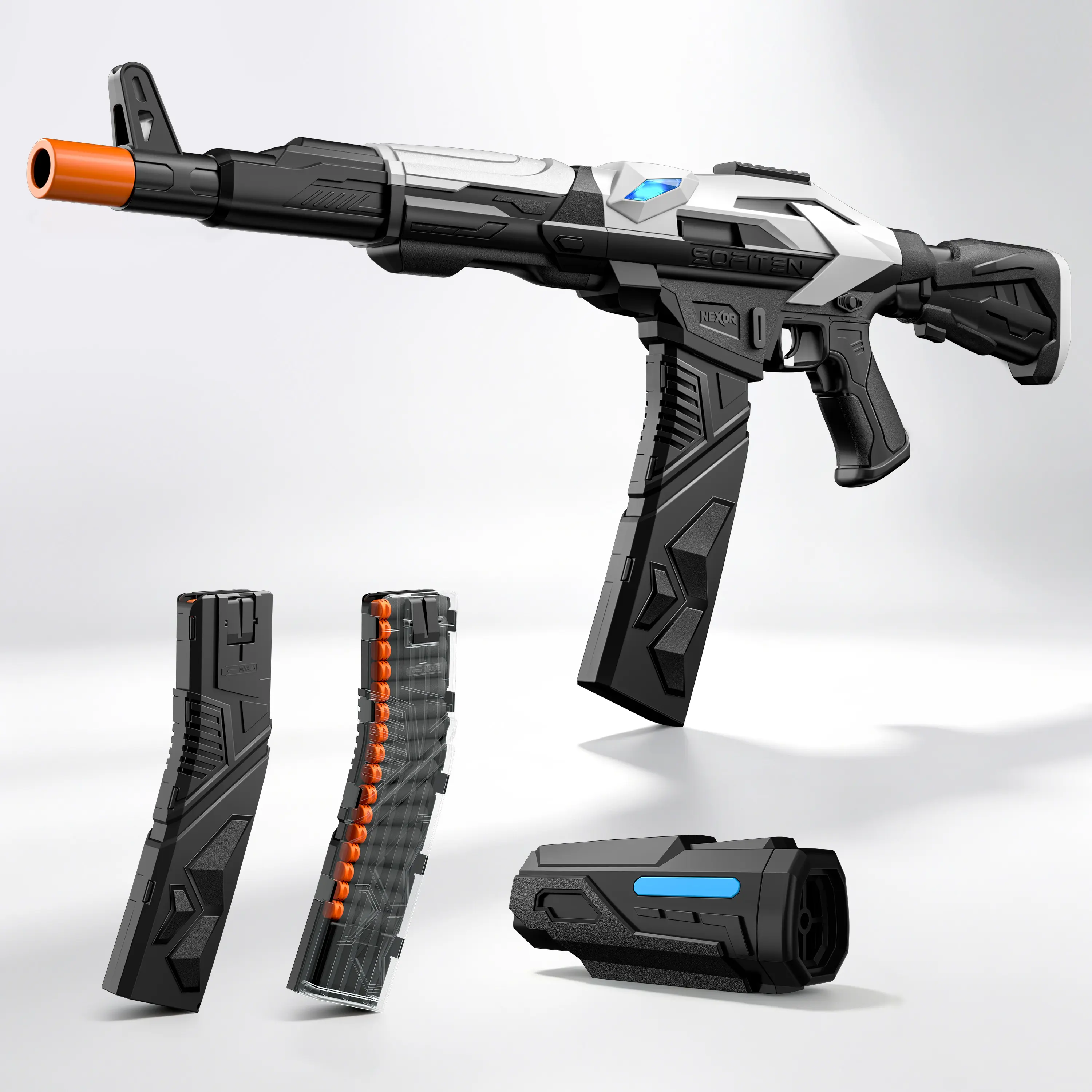 SOFITEN NEXOR NX-AK,Foam Dart Sniper Rifle Blaster Set, Extended 16-Dart Magazines *2 (with One-Click Clear Function), Dual modes - Auto & Semi Auto, upgraded Metal Gearbox,75ft, 8+, Batteries Not Included