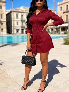 Women’s Burgundy Mini Dress, Long Sleeve Button Front, Smocked Waist, Chic Casual Party Outfit, Summer Streetwear, Night Out, Date, Elegant Everyday Wear, Womenswear