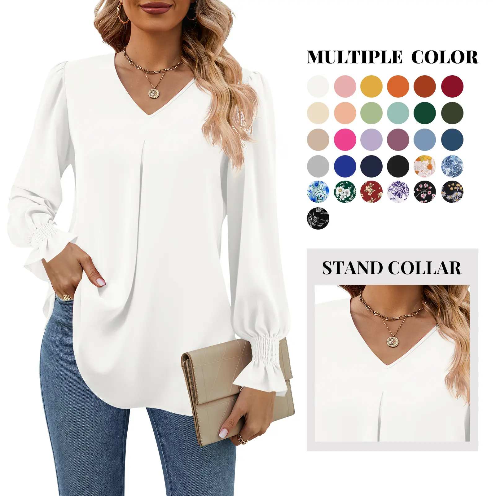 Funlingo Women's Lady Elegant Style Smocked Pleated Ruffle V-Neck Long Sleeve Loose Minimalist Chiffon Blouse - Breathable Lightweight Fabric, Dressy Casual Tunic Shirt for Work, Outdoors, Piece, Elevated Basics, Ootd Ideas, Office Ootd, Dress Casual, Fas