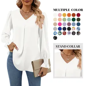 Funlingo Lady's 2026 Smocked Minimalist Elegant Basic Breathable Lightweight Long Sleeve V-Neck Loose Chiffon Fabric Blouse - Dressy Casual Tunic Top with Flattering Fit for Work, Outdoor Activities