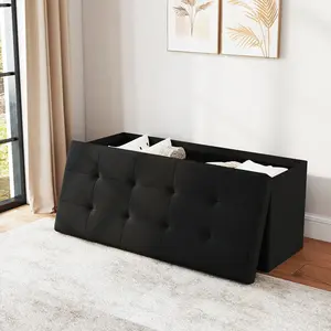 Durable Folding Ottoman Bench 660 lbs Capacity Padded Seat Fabric Leather Toy Box Chest Black Tufted Design for Kids' Room Bedroom Living Room Space-Saving Footstool With Storage