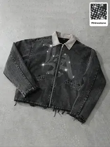 Men's Fashion Classic Distressed Denim Jacket, Rhinestone Letter Print, Casual Street Style, Commuter Mood, Vintage Rocker Jacket, Star Design, Long Sleeves, Fabric, Menswear