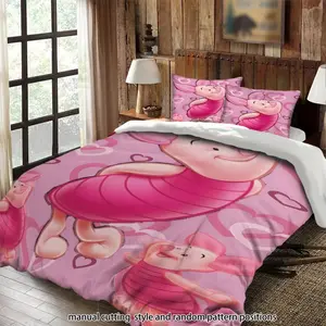Piglet cartoon character pink heart background 3-piece comforter set, bedding set, suitable as a gift.