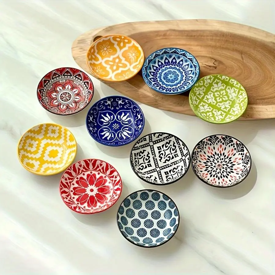Multicolor Ceramic Dipping Serving Bowls Set, 10pcs/set Colorful Flower Pattern Seasoning Bowl, Multipurpose Sauce Bowl, Chip Dip Bowl, Decorative Bowls for Home Kitchen Restaurant, Easter Gifts, Tableware, Dinnerware Sets, Kitchenware Ceramics