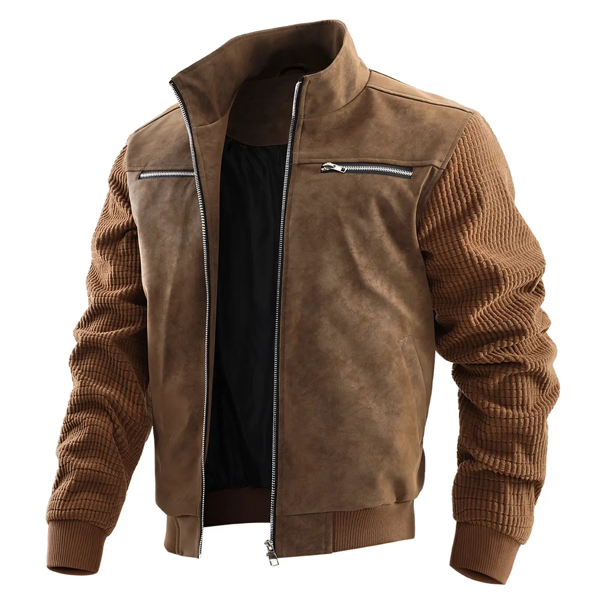 Men’s Suede Look Bomber Jacket Zip Up Casual Jacket with Ribbed Knit Sleeves Stand Collar Fall Winter Outerwear for Men
