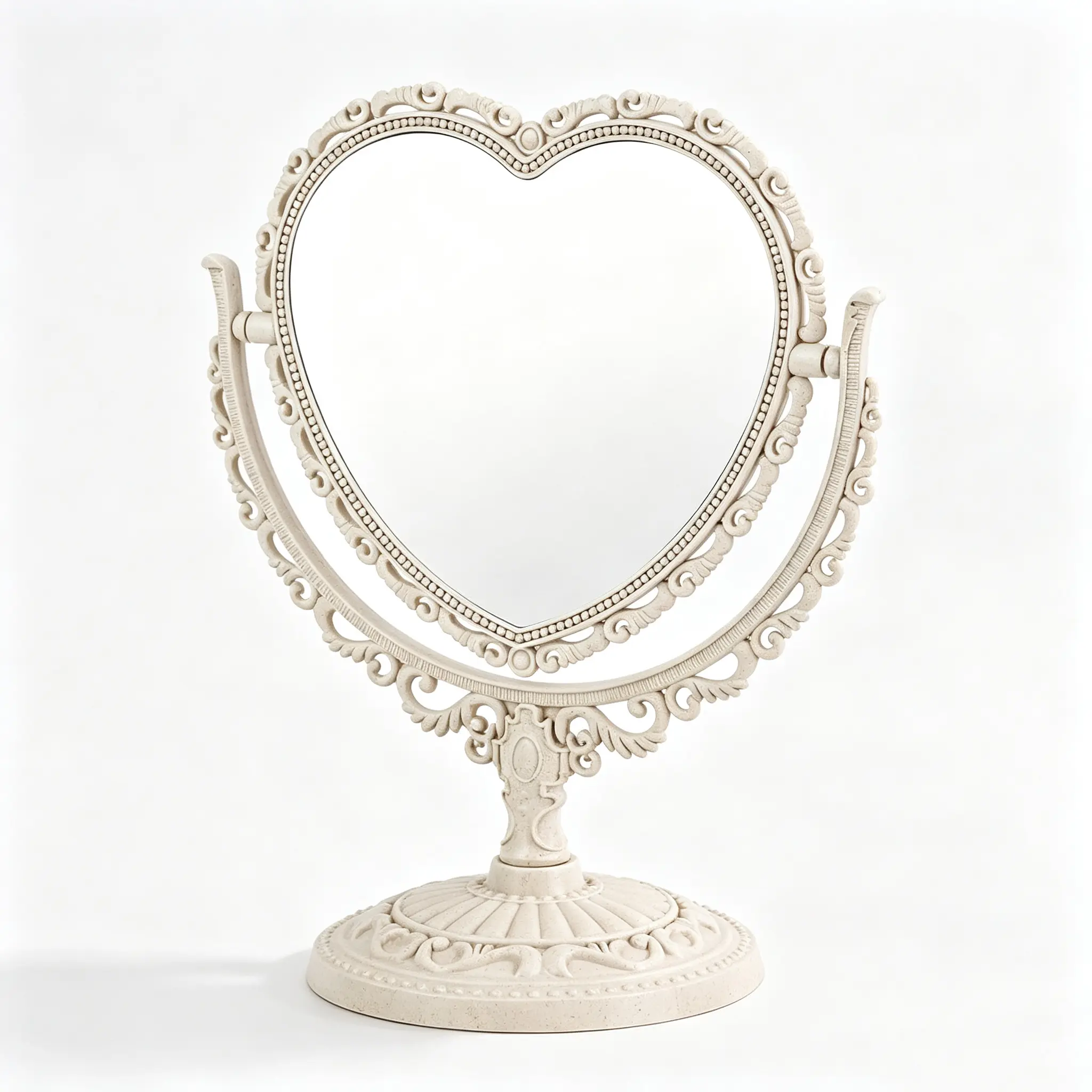 Beige Heart-Shaped Cute Vanity Princess Tabletop Mirror for Desk - Double-Sided Rotatable with Stand, Coquette Room Decor for Downtown Girls