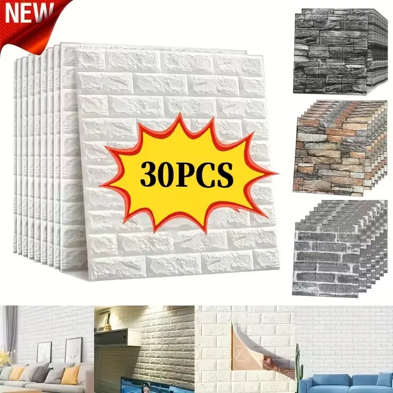 30 Piece 3D Brick Pattern Wallpaper Set, Decorative Wallpaper, Foam Stickers, Self-Adhesive Easy Clean, Cuttable for Kitchen Living Room Bathroom Corridor, Peel And Stick Wallpaper Designs