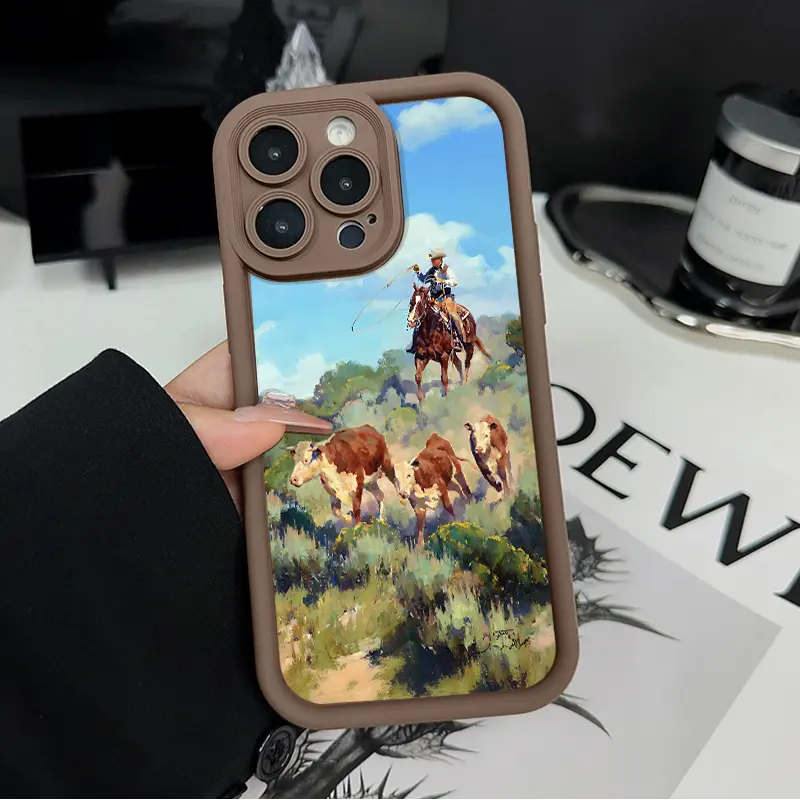 Cowboys driving cattle Pattern Man's Phone Case for iPhone 17 16 15 14 Pro Max 13 12 11 XR XS Plus Shockproof Non Slip Protection Silicone Cover Cellphone Protective Smartphone Casing