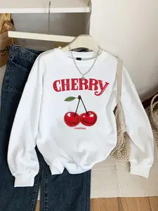 Women's Fashion Letter Print Cherry Pattern Loose-Fit Round Neck Short Sleeve Sweatshirt, Casual Style All Season Wear