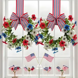 2-Pack Mini Patriotic American Cabinet Bow Wreath Door Hanger, July 4th Small Flower Circle, Independence Day Decor, Home & Party Supplies, Decorative Props, Home Decor Ornament, Home Ornaments