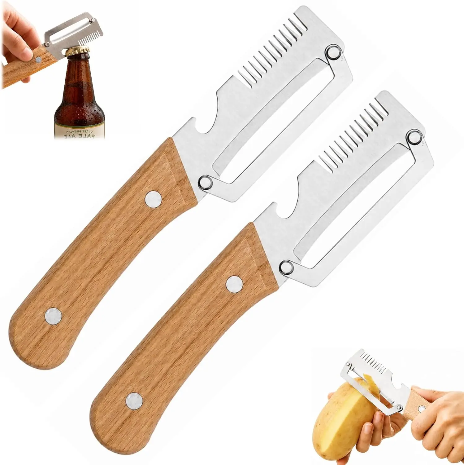 2 Pack Vegetable Peeler, 3 in 1 Multifunctional Veggie Peeler with Wooden Handle, Stainless Steel Blade Potato Carrot Fruit Peeler with Julienne Shredder & Bottle Opener Kitchen Gadget