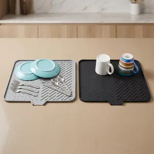 【FathersDayGift】Silicone Dish Drying Mat 23 X 17 Grey with Built-in Drain Lip Hygienic Sturdy Compact Easy to Clean Tray Protects Surfaces Prevents Water Build Up