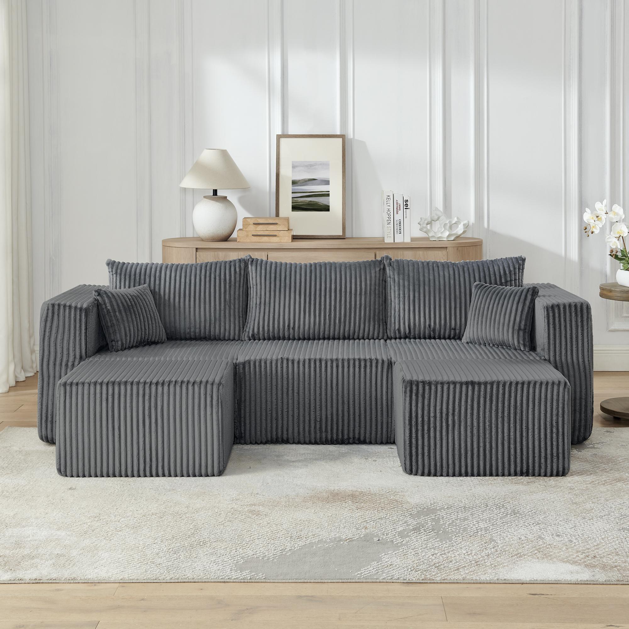 Niccae Small-Scale U-Shaped Compact Modular Sectional Sofa — Textured Corduroy Fabric, Modern Minimalist Style, Ultimate Comfort, Space-Saving, No Assembly Required, Convertible to Bed, Living Room Sofa