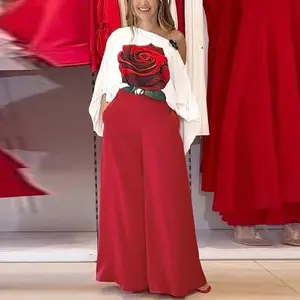 ChicMe Women's Rose Print Lantern Sleeve Top & Valentine's Day Wide Leg Pants Set for Wedding Guest & Wedding