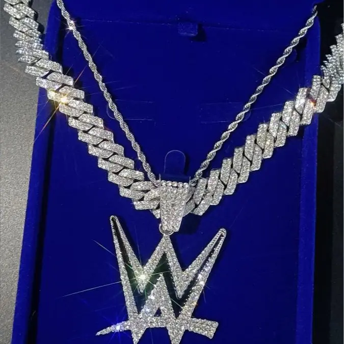 Iced Out Chain for Men, 13mm Gold Plated Miami Cuban Link with Rhinestone Champion Logo Pendant, 20 Inch Hip Hop Jewelry