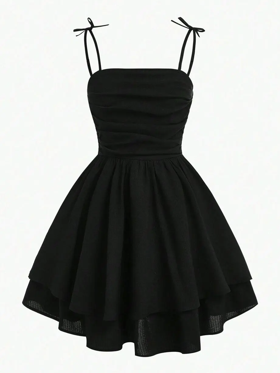 Solid Color Ruched Layered Hem Cami Dress, Casual Sleeveless Summer Graduation Dress for Teen Girls