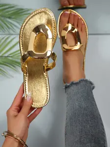 Elegant Silver Color Open-Toe Sandals, Strappy Summer Sandals for Women, Summer Outdoor Versatile Flat Flip Flops, Beach Vacation Shoes, Stylish and Comfortable Slipper