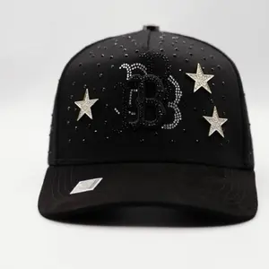 Black Baseball Cap with Rhinestone Letter B and Star Embellishments for Stylish Outfits