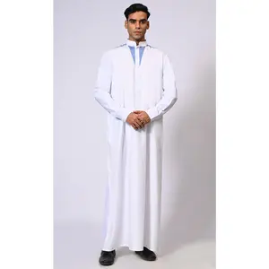 White Men's Thobe with Satin Stitch Embroidery and Pockets