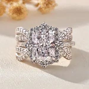 Sparkling Luxury White Zirconia Two-Piece Statement Ring for Noble Ladies Banquets and Weddings Silvery High-Quality Ring