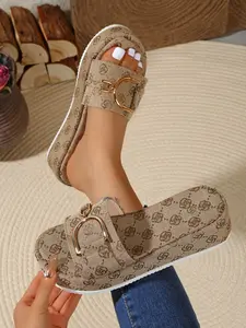 Vintage Print Metal Buckle Women's Sandals, Summer New Thick Sole Height Increase Anti-Slip Fashion Versatile D-Buckle, Comfortable Soft Rubber Sole Slip-On Shoes