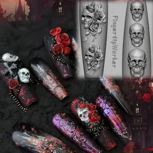 Dark Style Nail Art Silicone Mold Skull Lace Rose Skeleton Hand Rib Spine Bone Design Template Transparent Nail Decoration Tool Nail Art Tools