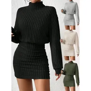 Women's new long sleeved lantern sleeve high neck knitted dress, cute ribbed slim fit mini sweater dress, elegant and casual in spring and autumnRAIMENTRY